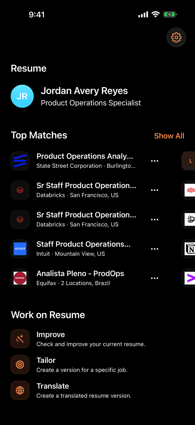 Job matches with company logos and fit information