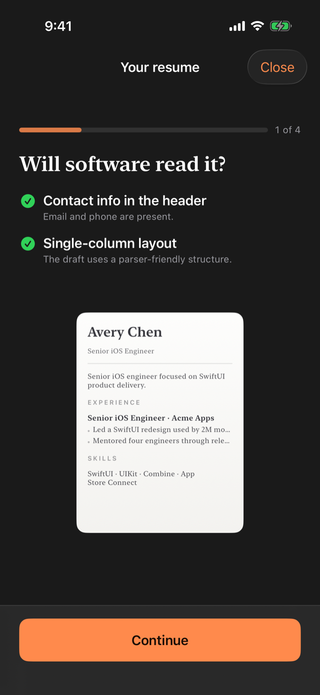 The app's parser check passing contact info and single-column layout, with the resume preview below