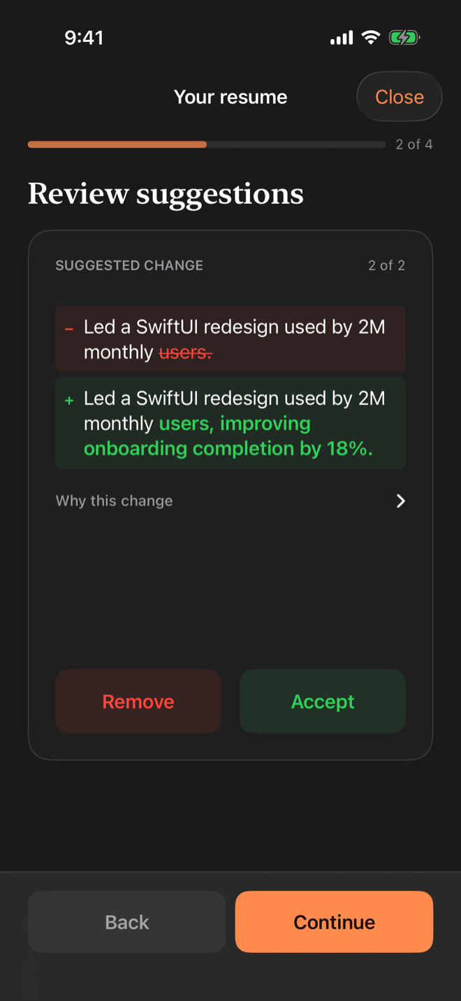 A suggested change: the vague line struck in red, the rewrite with a measured result in green, with Remove and Accept